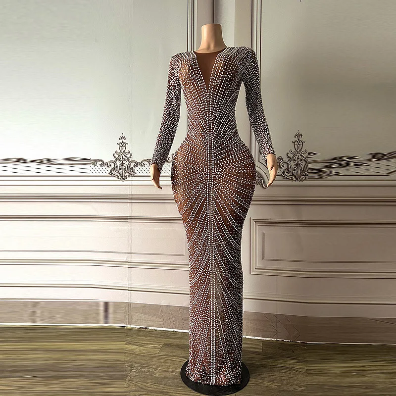 Robe de soirée personnage diamant brillant à manches longues robe longue femme réunion annuelle robe de mode Luxo Elegante Festa Longa