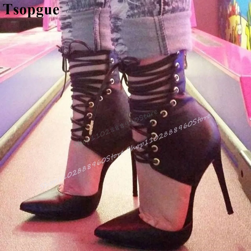 

Sexy Mid Calf Black Leather Cross Tied Pointy Sandals Thin High Heel Shoes For Women Back Zipper Pointed Toe Trending Shoes