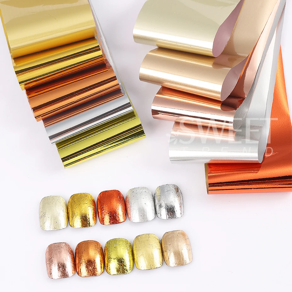 10pcs 금속 네일 전송 포일 거울 골드 실버 보라색 별이 빛나는 종이 젤 폴리쉬 전송 스티커 DIY 패턴 매니큐어 장식