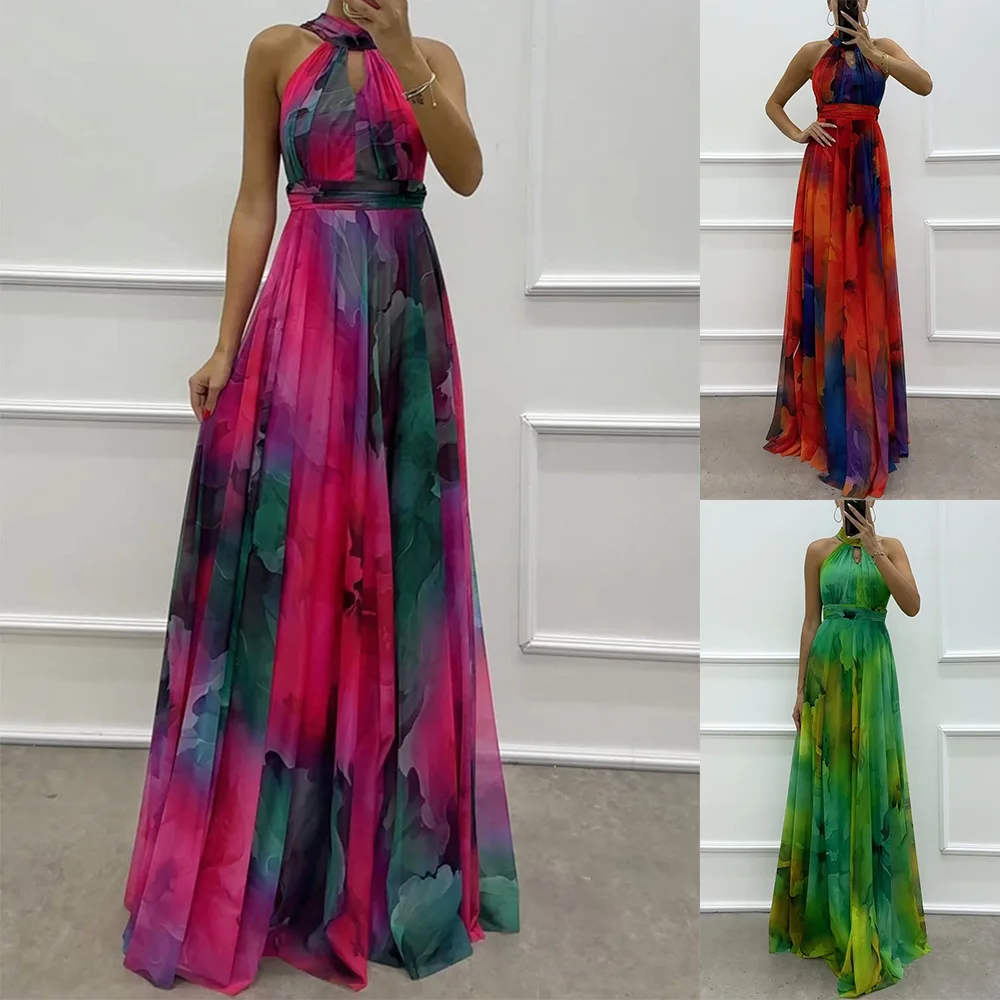 Vintage Pattern Printed Sleeveless Party Dress Casual High Waist Bohemian Dresses New Sexy Halter Hollow Out Women's Long Dress