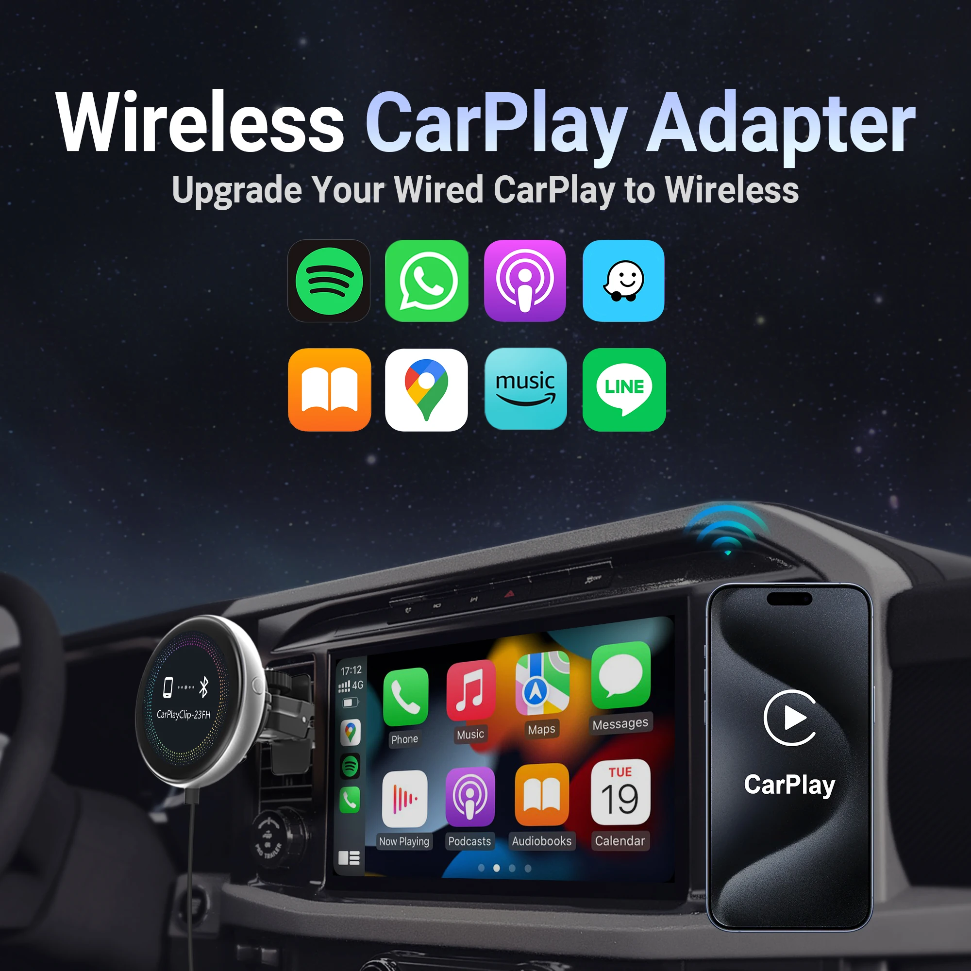 Ottocast CarPlay Clip Wireless  Auto Adapter with Digital Screen Car Dilfuser Car Accessories for Toyota Ford VW Benz Kia  Honda