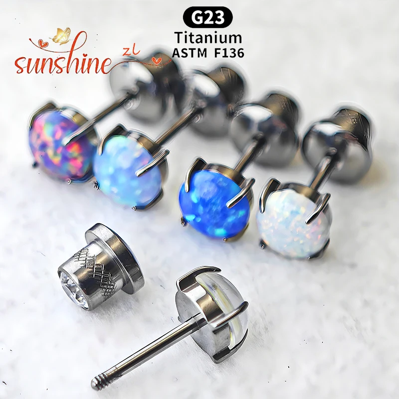 

2PCS ASTM F136 Titanium Opal Moonstone Earbone Stud Screw Stud Earrings for Women Fashion Ear Tragus Cartilage Body Piercing
