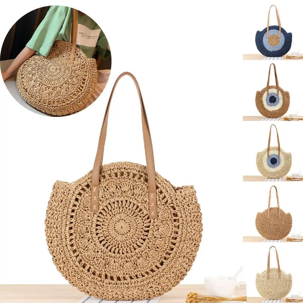 Straw Bag Women Hand-Woven Handbag Round Shape Rattan Bag Big Capacity Drawstring Casual Beach Shoulder Crossbody Bag