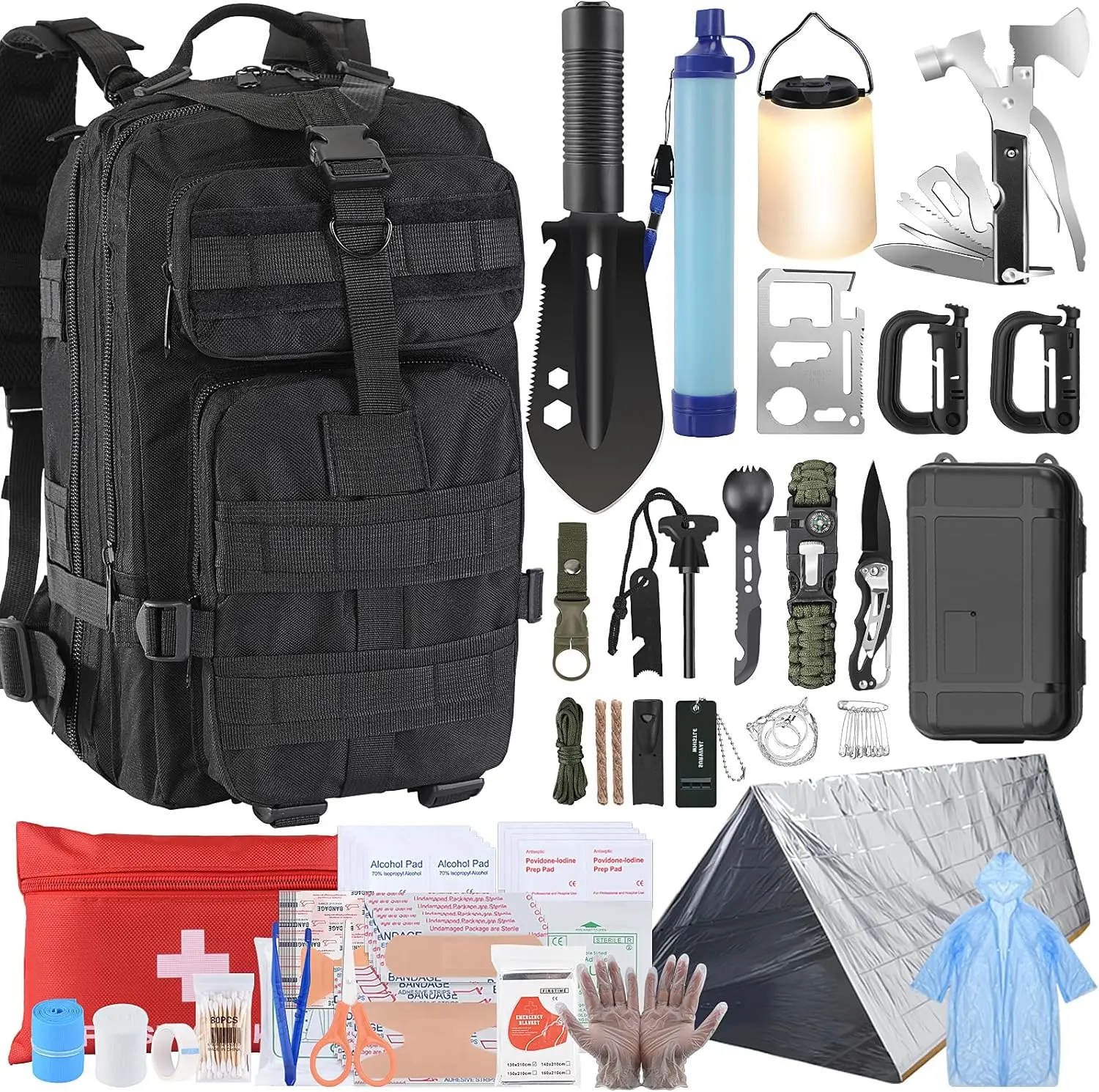

Men's Christmas Survival Kit: 258 PCS Gear with Water Filter, Tent, Lantern, First Aid & Backpack for Outdoor Camping