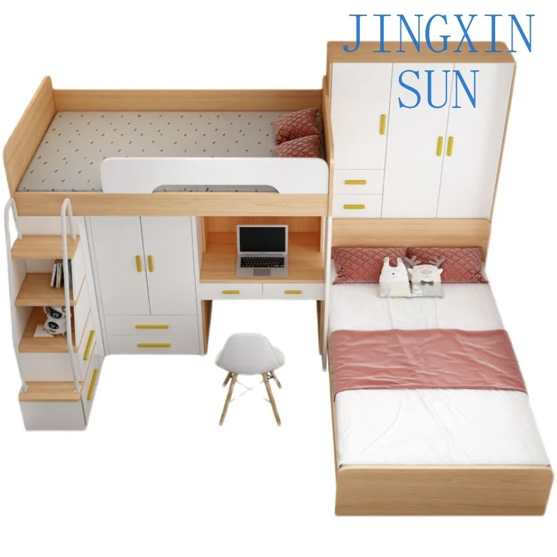 Children's Bed Dislocation High Low Bed Multi Functional Combination Desk Integrated Staggered Child Mother Bed Wardrobe for