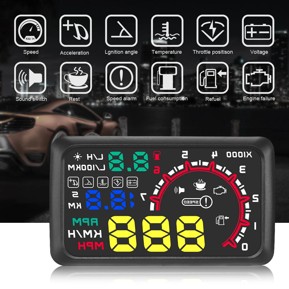 Sistema per auto intelligente Hud W02 Head up Display Computer di bordo OBD Misuratore di velocità intelligente Tensione Consumo di carburante