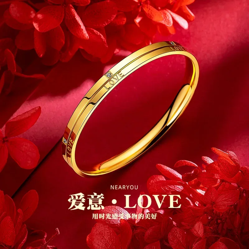 

9999 Real Gold 24K Yellow European and American Fashion Design Zircon Love English Bracelet with Diamond Plain Ring