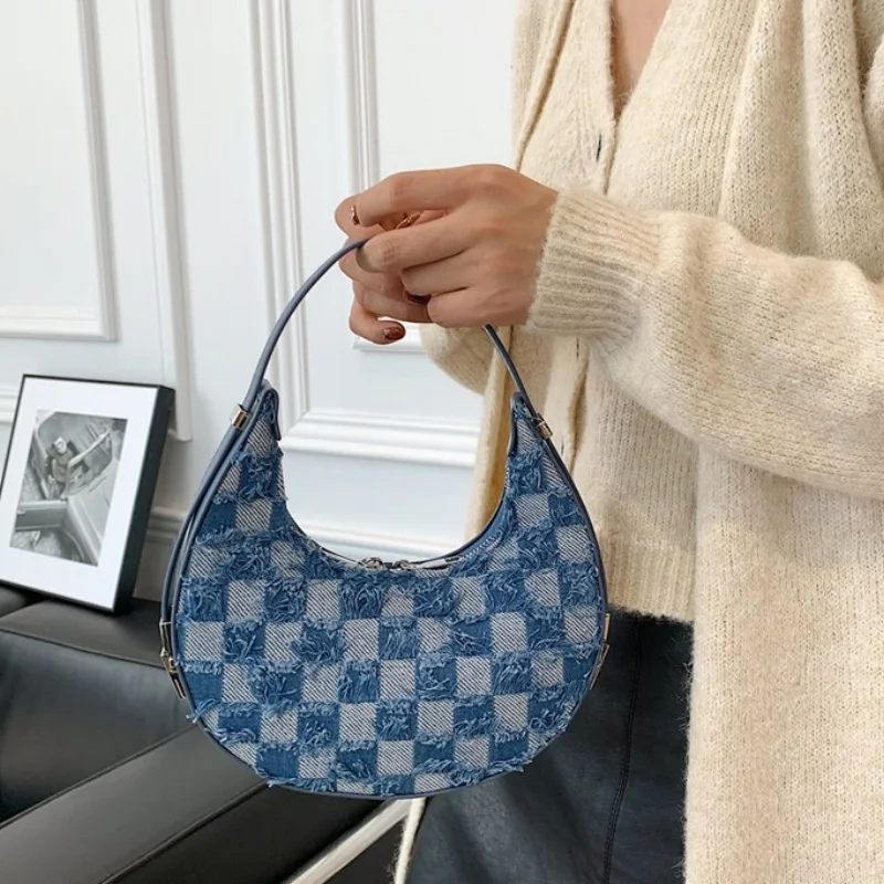 Fashion Shoulder Bag Trendy Crescent Moon Bag Two-color Plaid Denim Splicing Underarm Bag Retro Ladies Shoulder Bag