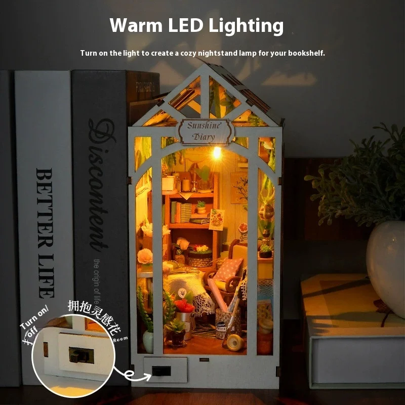 Diy Wooden Sunshine Diary Book Nook Shelf Insert Kit Miniature Model Kits Bookshelf With Light Bookend For Friends Birthday Gift