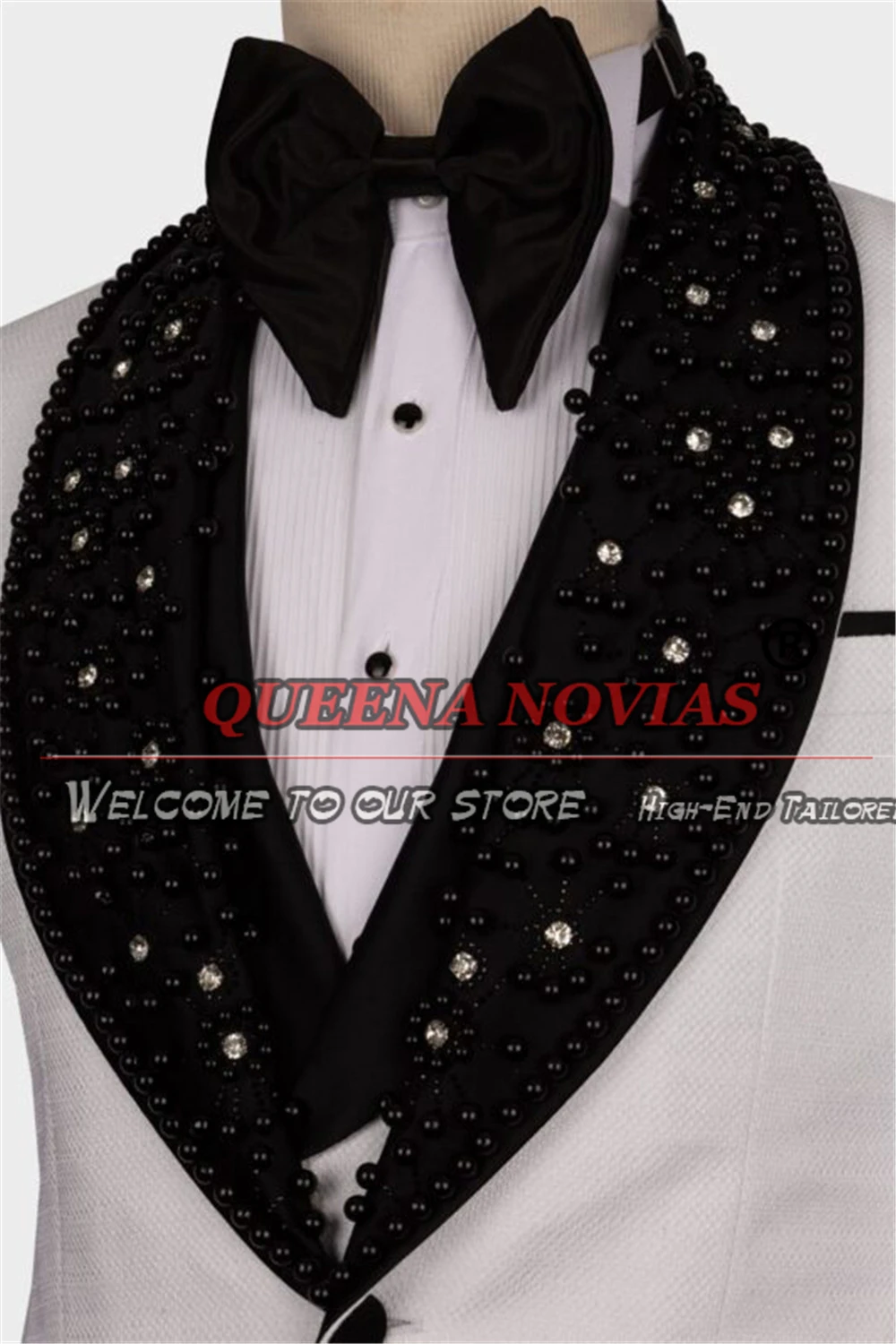 Trajes de boda de novio de marfil, esmoquin de lujo con cuentas de cristal, Etiqueta Negra, hecho a medida, 3 piezas, ropa Formal de fiesta de graduación para hombre