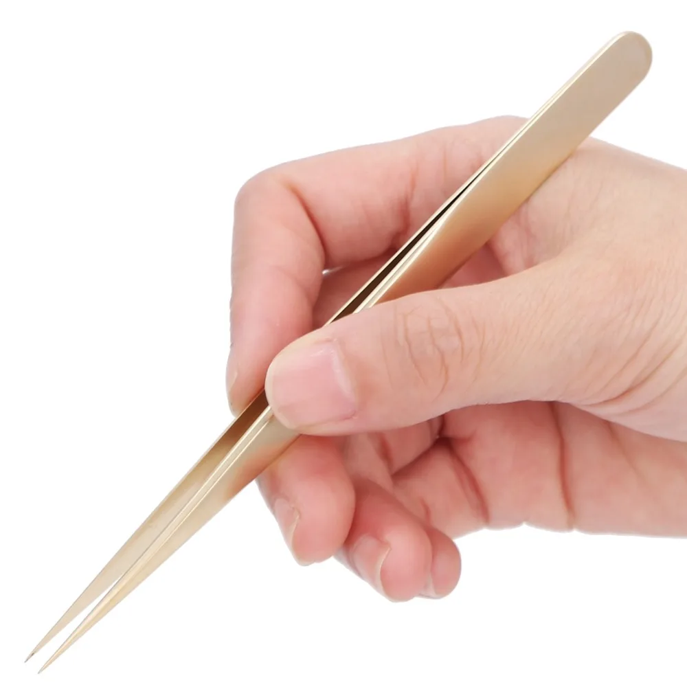 Golden Straight Precision Tweezers Aluminum Alloy Fine Pointed Tips Eyelash Tweezers Jewelry Bead Tweezers Bead Stringing