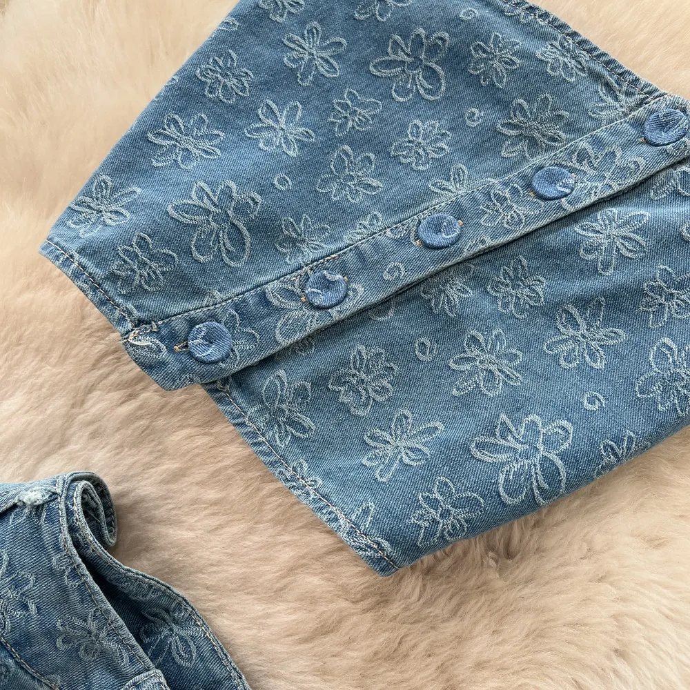 Woman Denim Set Western Outfit Woman Cowgirl Printed Strapless Tank Top Wide Leg Pants Slim Commuter 2 Piece Sets for Women