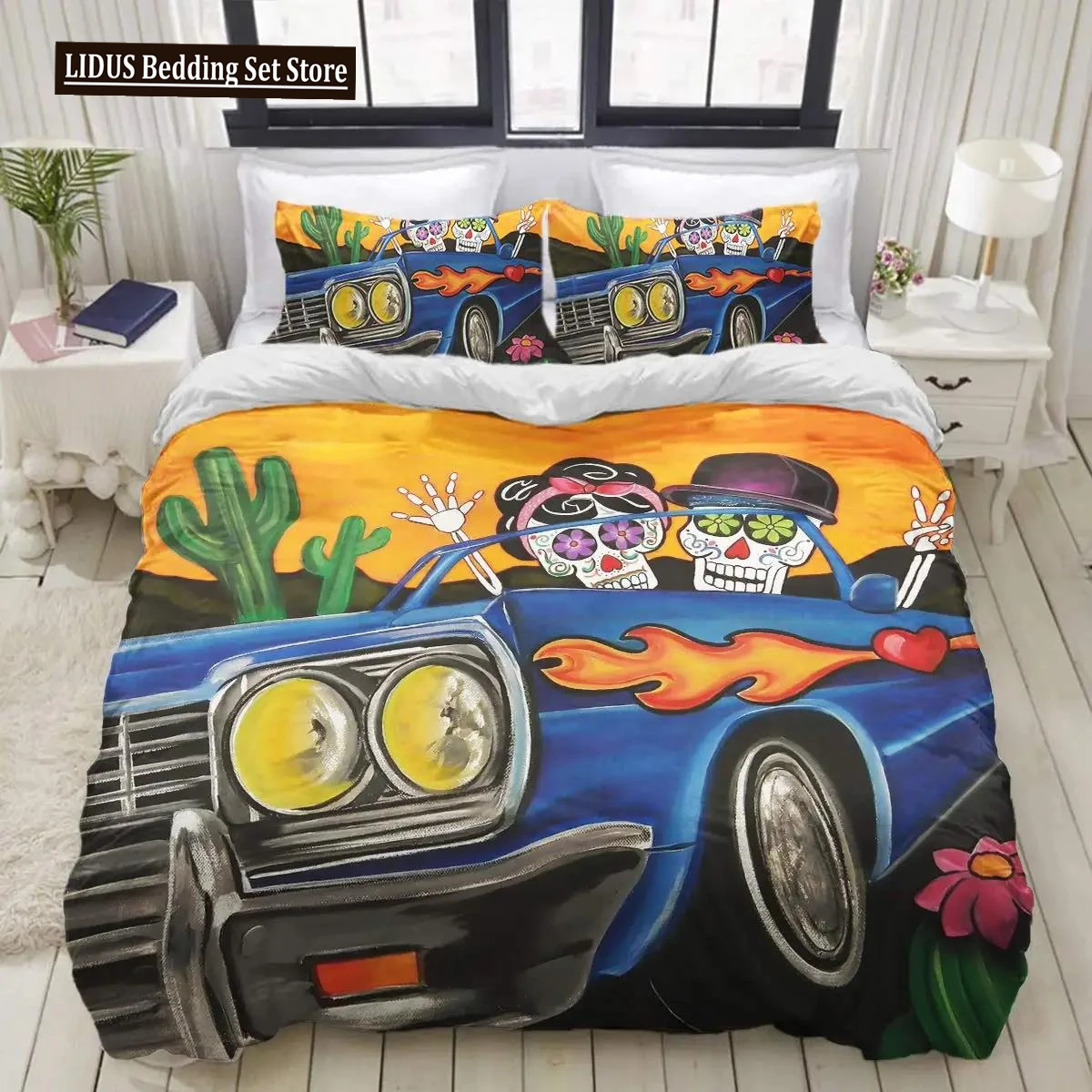 

Sugar Skull King Queen Duvet Cover Cartoon Skeleton Blue Car Bedding Set For Teens Adults Halloween Day Of The Dead Quilt Cover