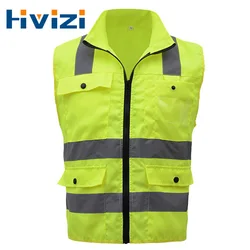 Professional High Visibility Vest with Pockets and Zip Reflective Work Clothes Men