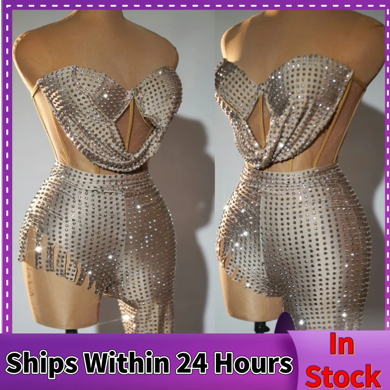 Single Leg Full Rhinestones Jumpsuit Women Sexy Pole Dance Outfit Bar Nightclub Dj Ds Gogo Wear Stage Drag Queen Costumes XS8459