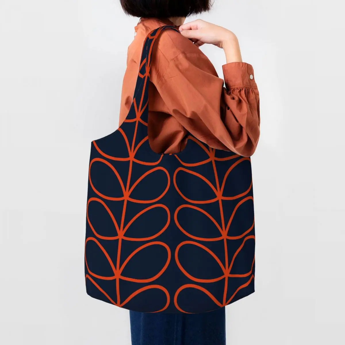 Custom Linear Stem Orange Groceries Shopping Bags Canvas Shopper Shoulder Tote Bags Capacity Portable Orla Kiely Bags Handbags