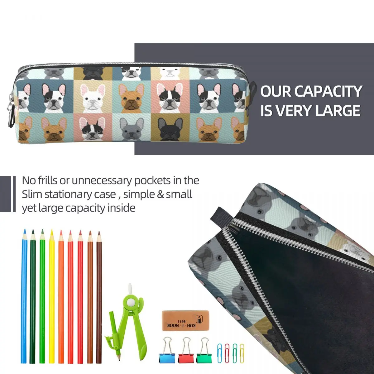 Estojo de lápis para cachorro buldogue francês, caixa de caneta para cães da moda, armazenamento grande para crianças, material escolar, caixa de lápis com zíper