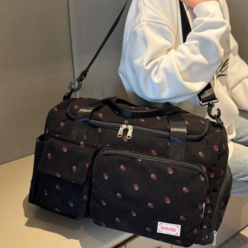 Strawberry Travel Bag Large Capacity Corduroy Luggage Bag Lightweight Crossbody Bag Multifunctional Sports Fitness Bag Handbag