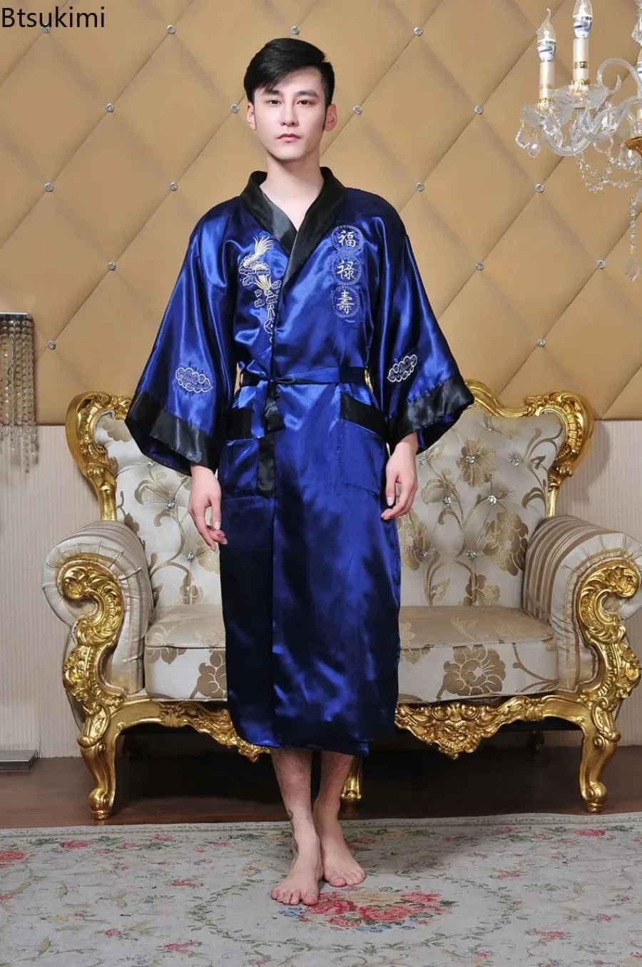 New2024 Chinese Style Embroider Dragon Robes Casual Satin Pajamas Robe Man Females Tang Suit Couple Kimono Bathrobe Home Clothes