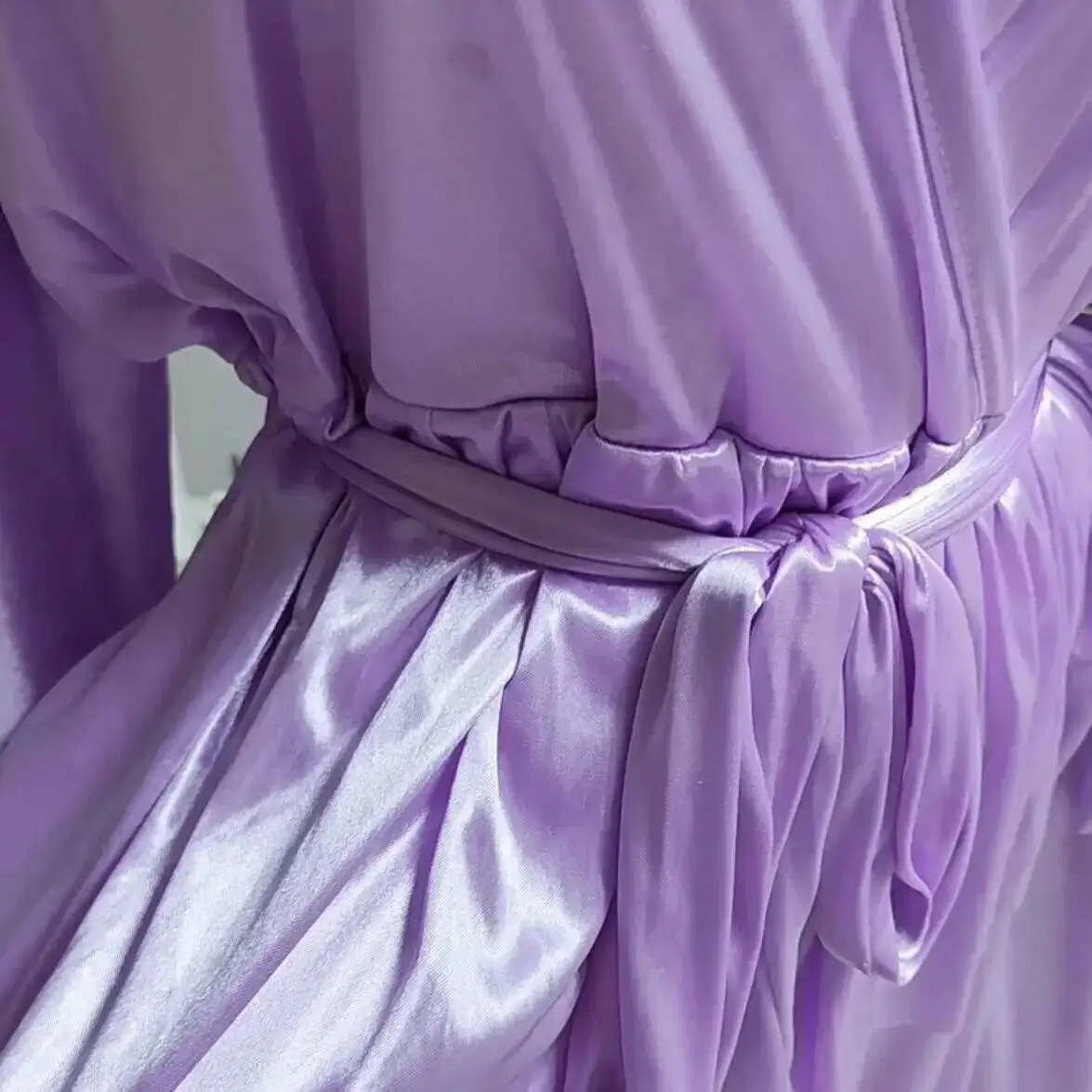 Glossy Long Sleeve Women Men Satin Loose Maxi Dress Plus Size Elegant Sleeping Robe