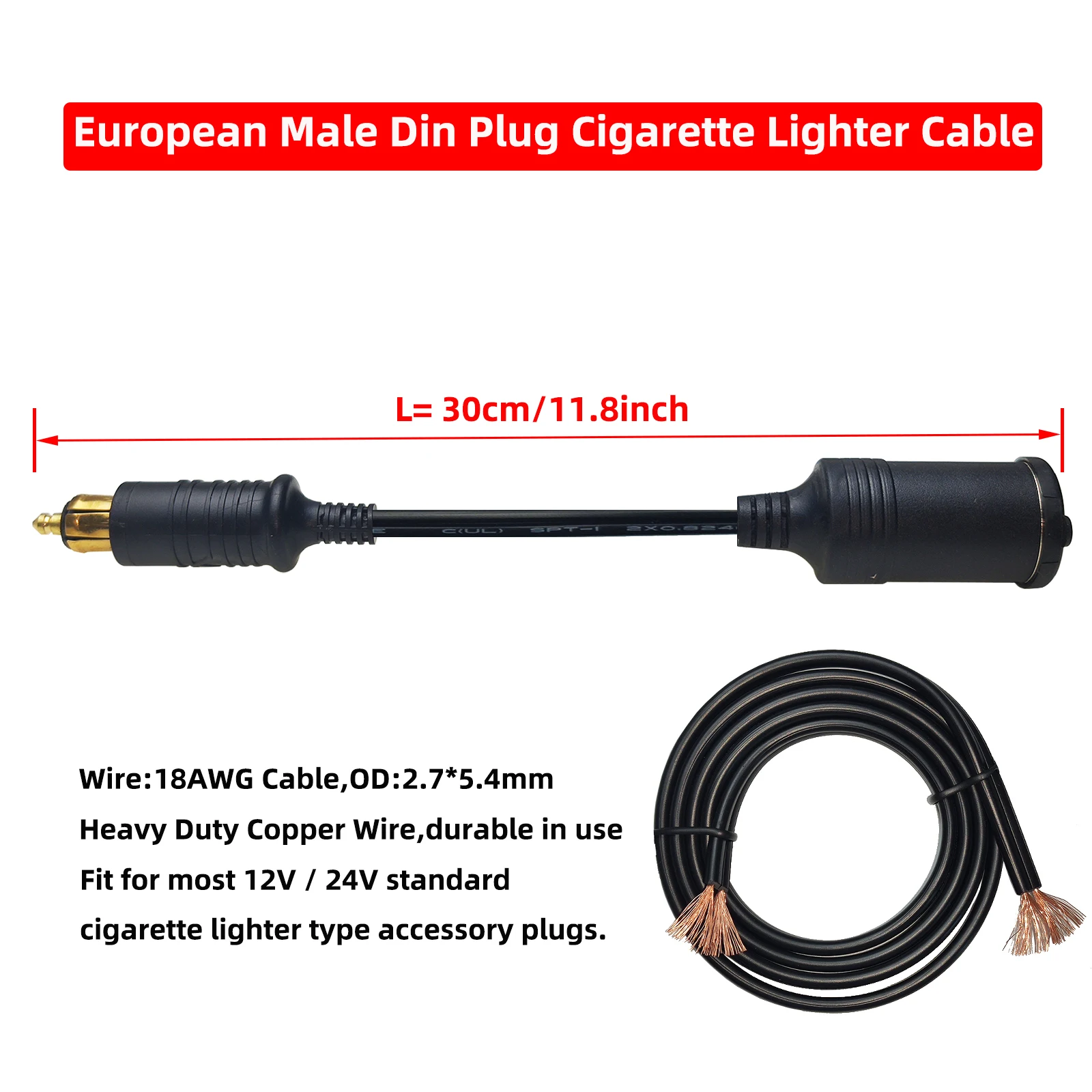 European Male Din Plug Cigarette Lighter Socket Adapter Cable 12V-24V Compatible with BMW Motorcycles and Cars Accessories 30cm