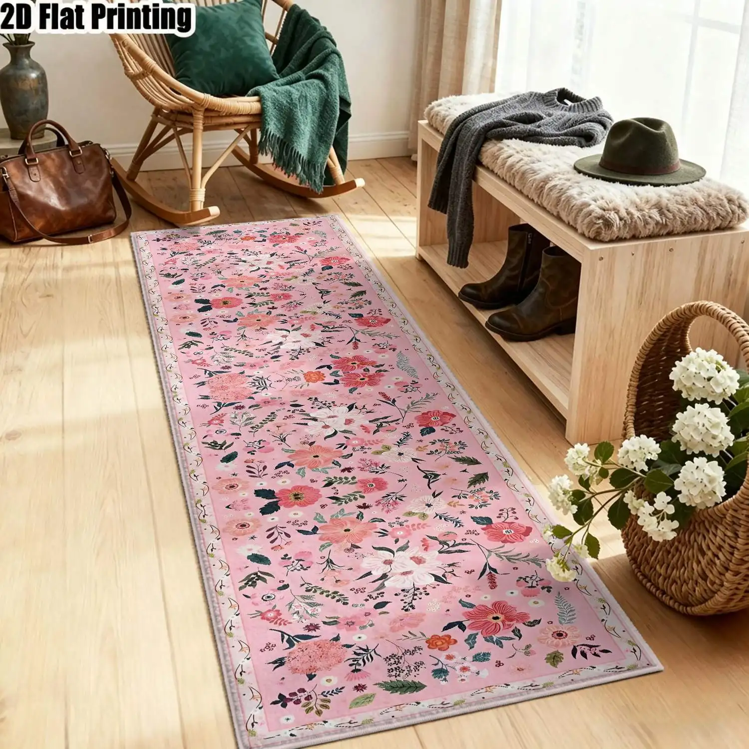 1Pc 2D Printed Long Strip Rug: Pink Flower, Nordic, Bohemian, Geometric Styles, Machine Washable, Multi-Size, Home Decor, Suitable for Entrance, Hallway, Bedroom, Living Room