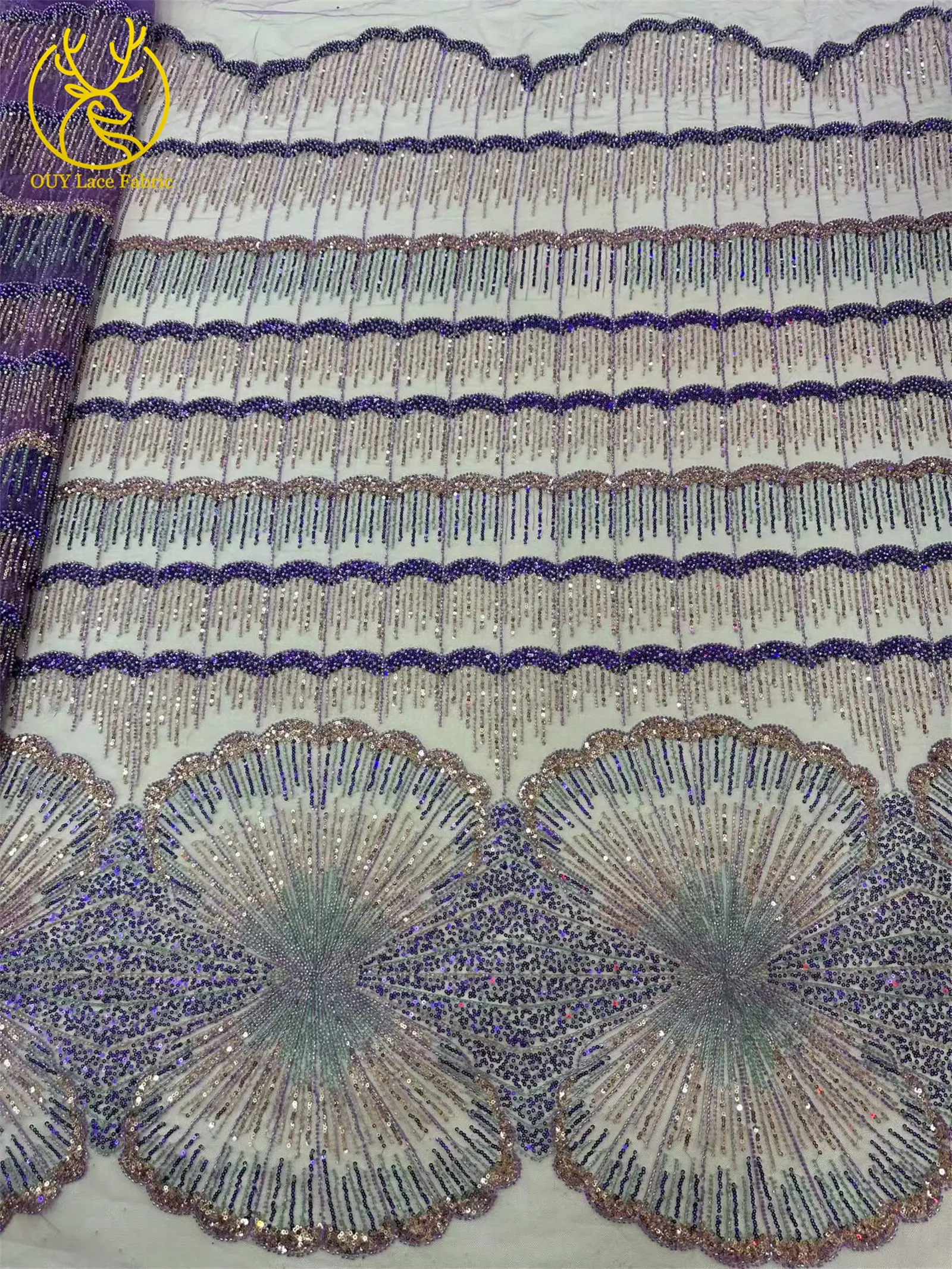 Luxuriöser Gold-Lila Afrikanischer Perlen-Pailletten-Spitzenstoff 5 Yards Exquisiter Französischer Nigerianischer Tüll-Spitzenstoff für Abendkleider und Hochzeitskleider – Detail 6