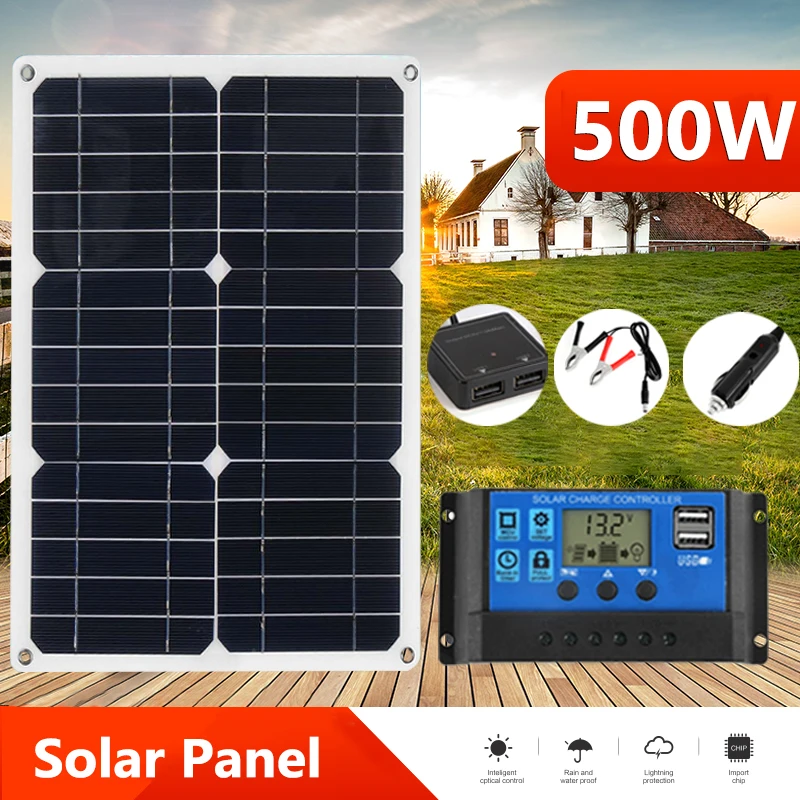 

500W Solar Panel Kit12V Battery Charger Dual USB With 10A-60A Controller Solar Cell Power Bank for Phone RV Car Camping Hiking