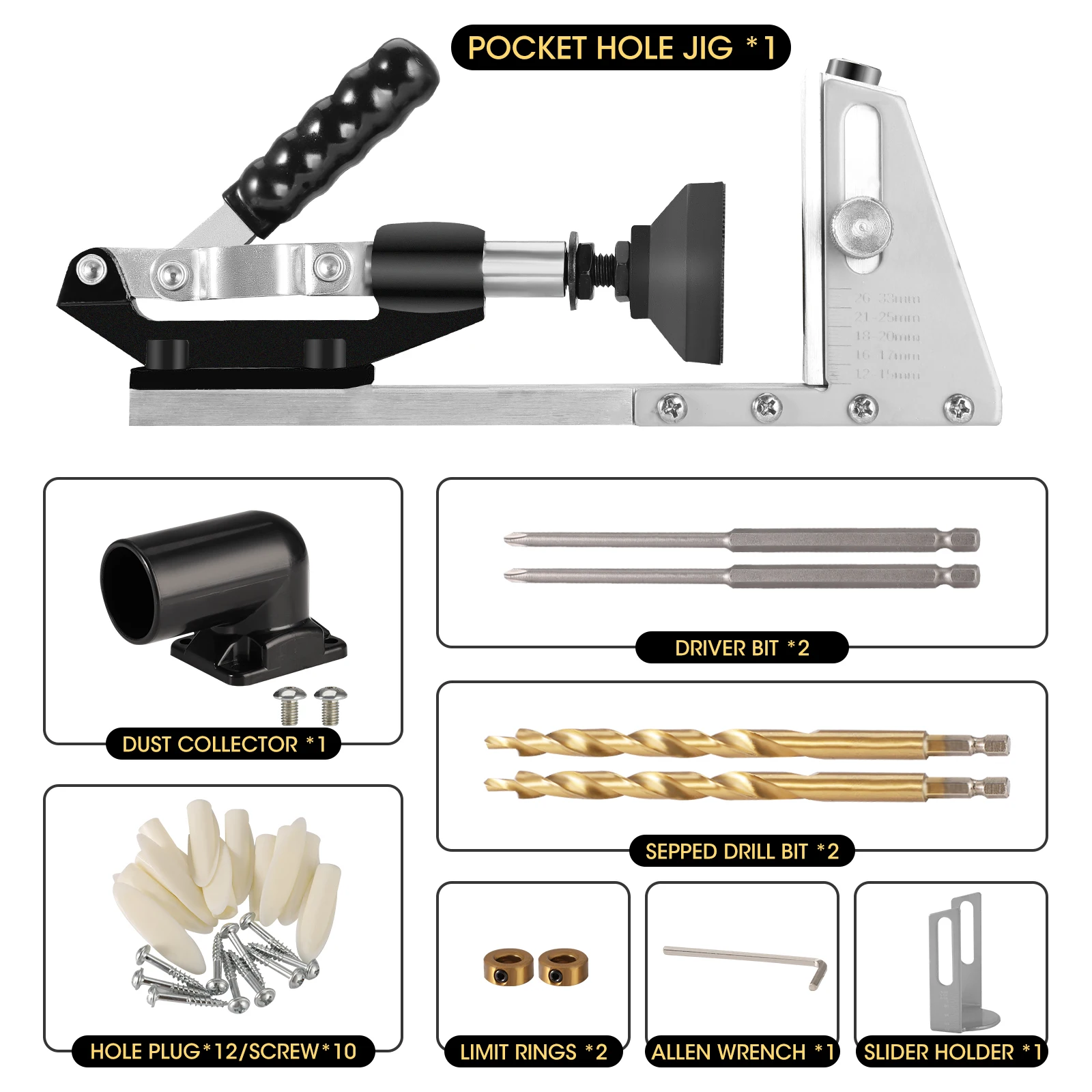 Woodworking Pocket Hole Jig Kit Professional and Upgraded Metal Pocket Screw Jig Positioner with Removable Vacuum Adapter