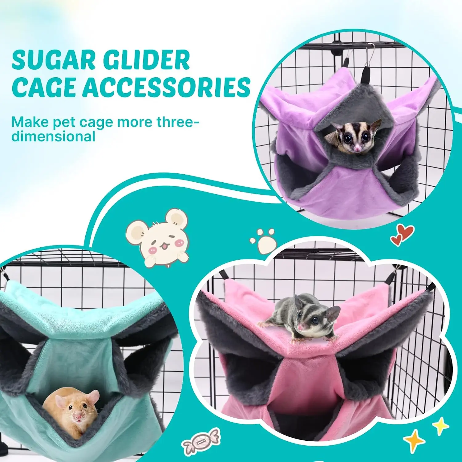 3-Layer Sugar Glider Hammock Bed, Rat Cage Accessories & Hanging Pouch, Small Pet Nest, Breathable, Mint, Customized