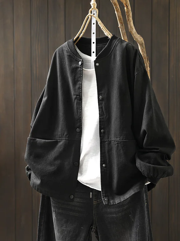 Jaqueta de Aodão Estilo Baseball Solta com Gola Alta e Dois Bolsos para Mulheres Tamanho Plus Casual Cardigan Aberto