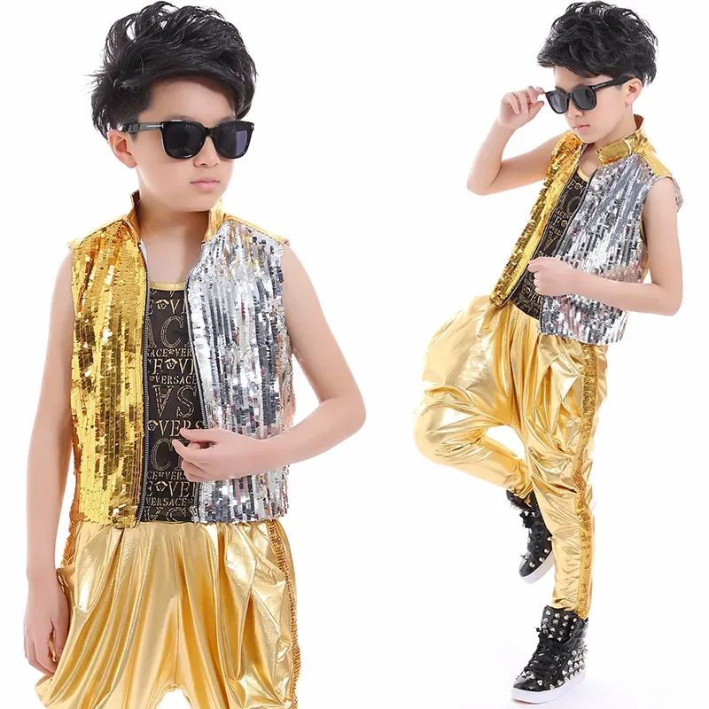 Jazz Costumes Children Gold Silver Sequin Vest Coat Boys Singer Clothes Stage Outfit Hip Hop Dance Performance Wear DNV12486