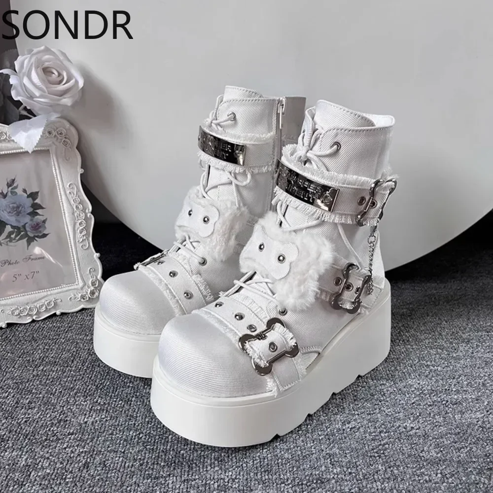 Womens Round Toe Platform Ankle Boots Wedge High Heel Metal Chain Creepers Japanese Harajuku Dark JK Shoes Warm Winter New 2024