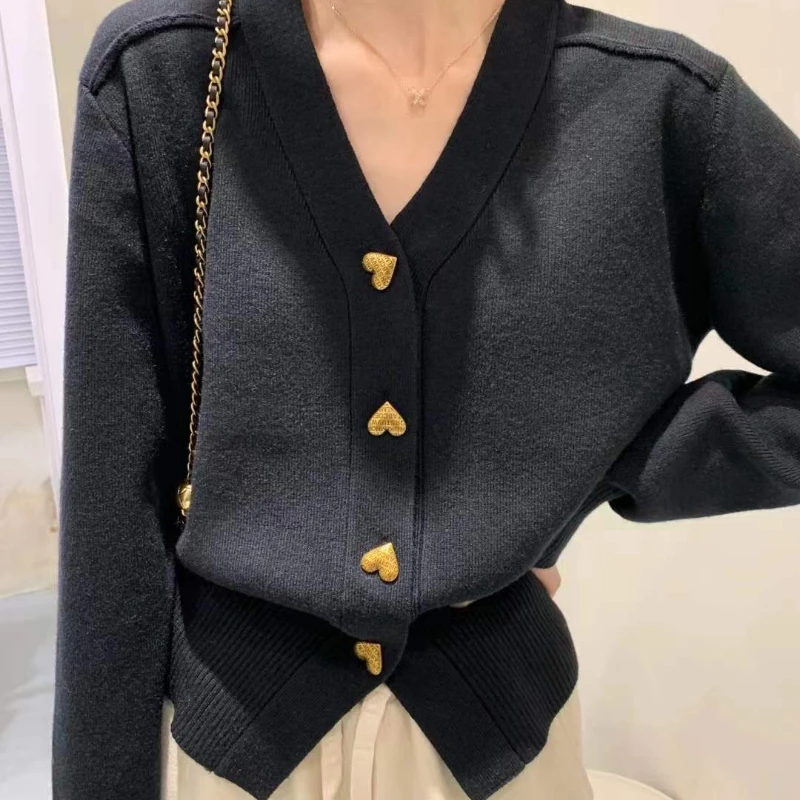 Spring Autumn Solid Color V-neck Long Sleeve Sweater Women High Street Button Patchwork Casual Cardigan Elegant All-match Tops