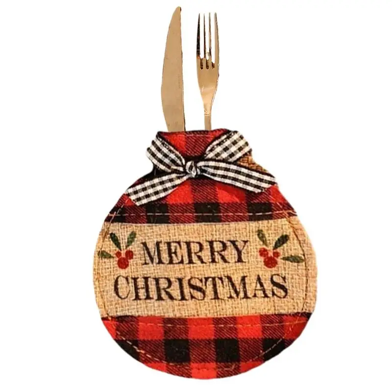 Christmas Utensil Holder Pockets Funny Christmas Utensil Bags Red Black Checkered Tableware Decor Christmas Tableware