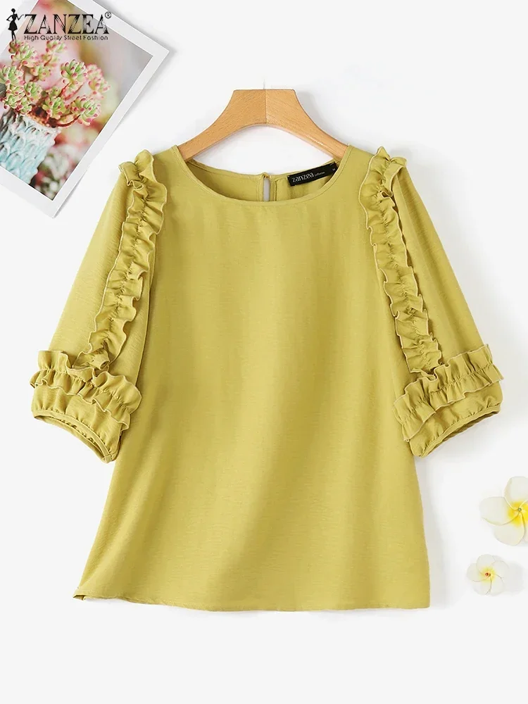 ZANZEA ผู้หญิง Ruffled เสื้อ 2025 ฤดูร้อน 3/4 แขนยาวเสื้อเกาหลีแฟชั่นรอบคอ Tunics Casual หลวม Blusas Femme