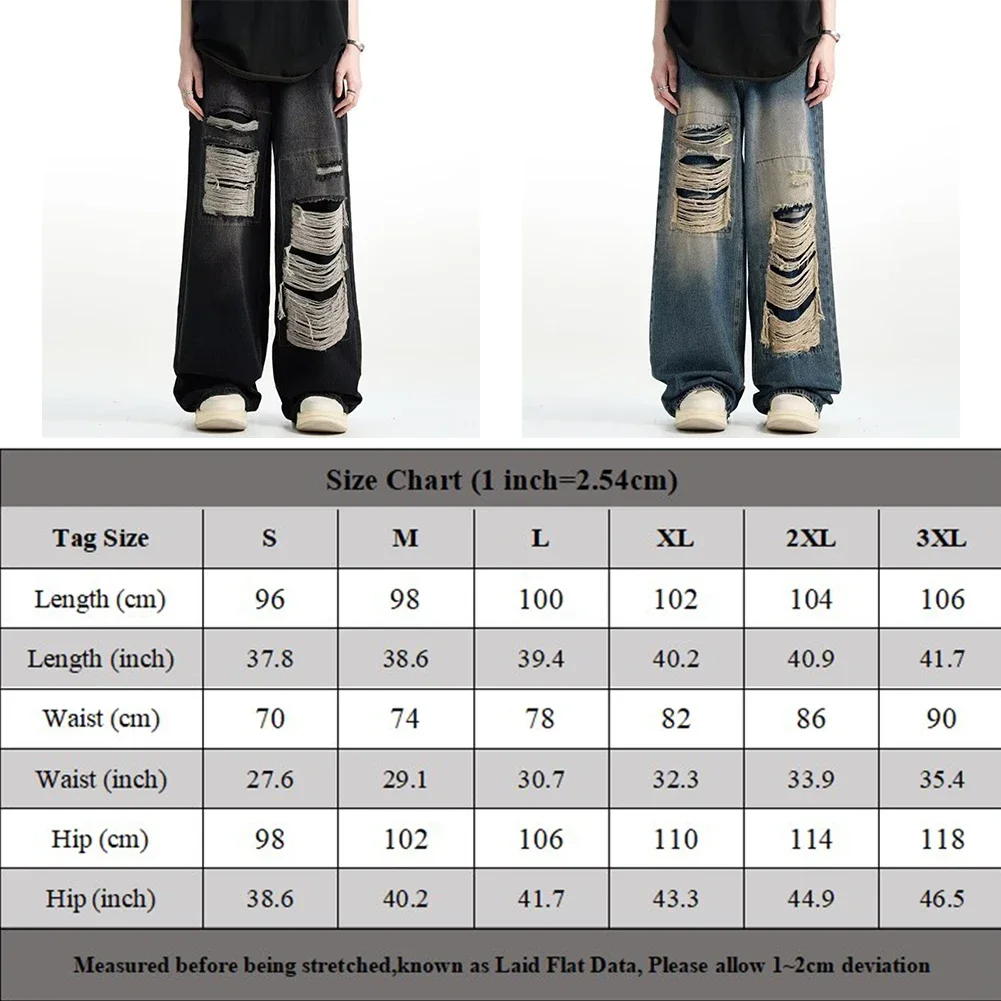 Men\'s Retro Hole Repair Loose Straight Pant Wide Leg Mopping Pants Fashion Y2K Jeans Man Casual Trousers Streetwear