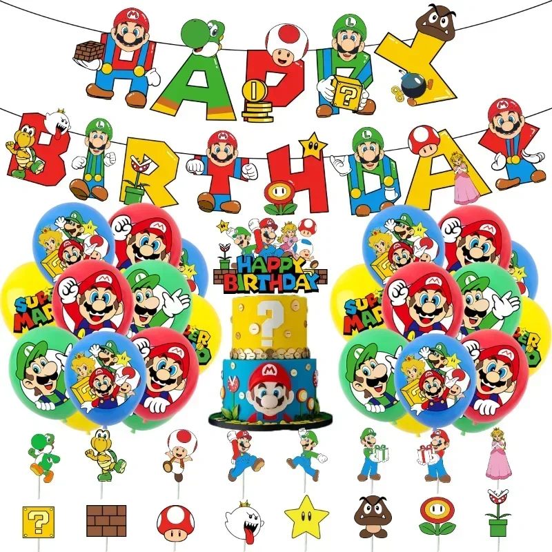 Juego Marios Bros, tema de juego, decoraciones para fiesta de cumpleaños, adorno para tarta, pancarta, juego de globos para niños, suministros de decoración para Baby Showe, regalo