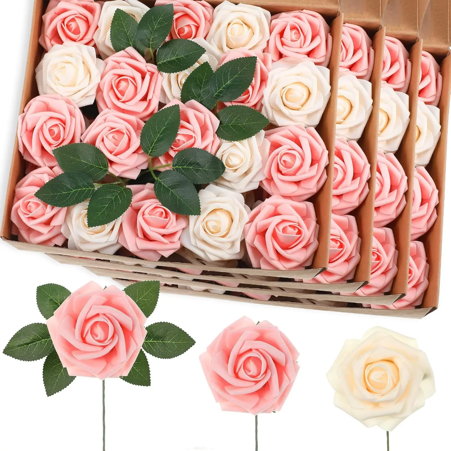 

100 Pieces Artificial Foam Rose Flowers Faux Bouquet with Leaves and Stems for DIY Wedding Bouquets Centerpieces Bridal