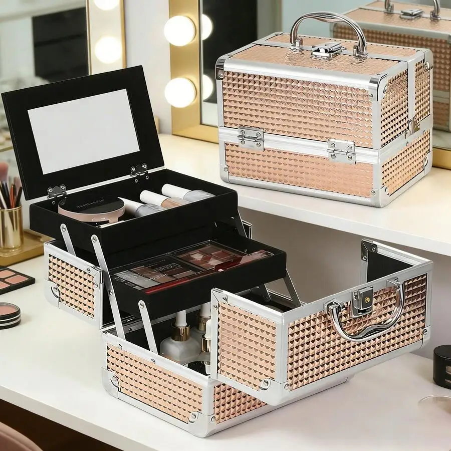 Portable Makeup Train Case With 2-Tier Trays & /Korean Series - Heavy-Duty Suitable For Cosmetologists, Nail Techs, Traveling Pr