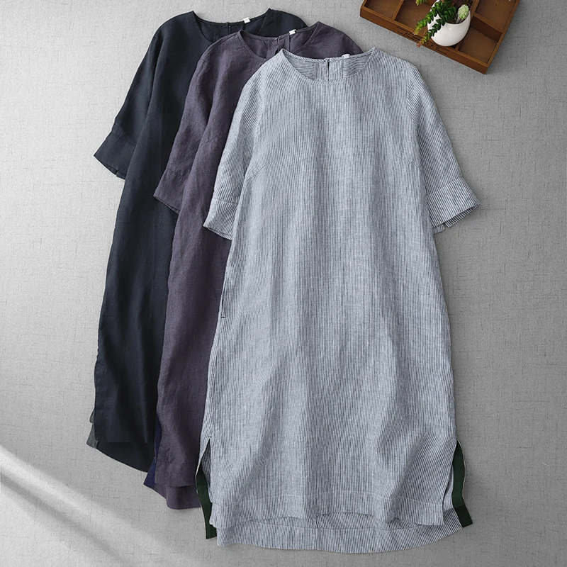 

Classic Retro Asymmetrical Simple Linen Dr round Ne Casual mid Sve A-Line Midi Skirt Women Summer Thin Cotton Striped