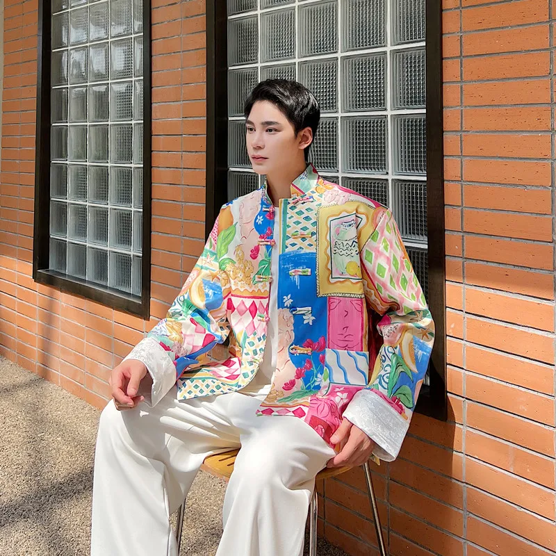 

New Chinese Sle Printed Jaet with Button Design for Men in Pink Spring Autumn Loose Fit Outerwear Casual Faion