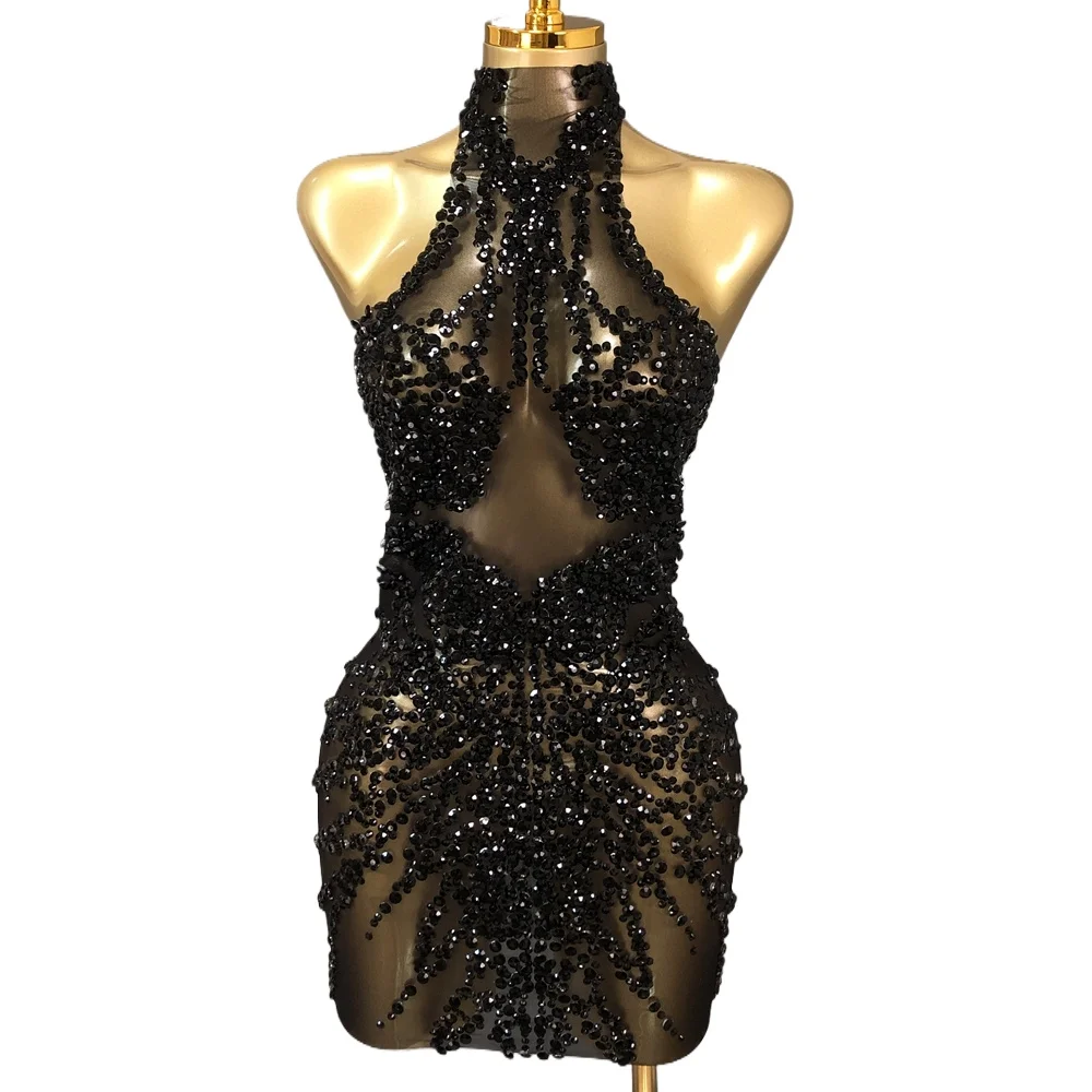Sparkly Rhinestones Short Dress for Women Sexy Mesh See Through Party Evening Prom Celebrate Birthday Dress Photo Shoot Wear