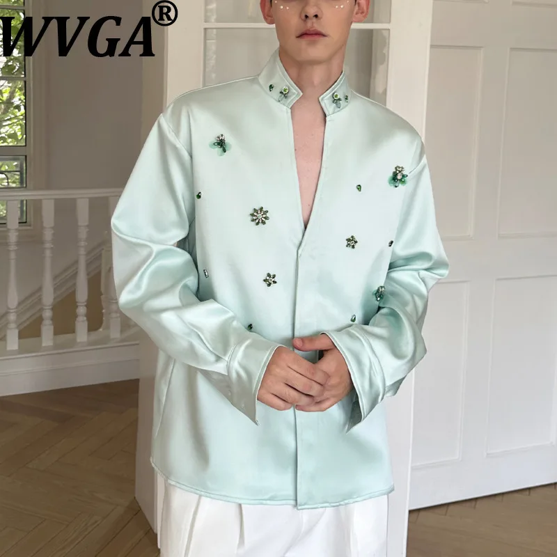 WVGA Spring Autumn New Men Tide High-End Trendy Design Beaded Satin Stand Collar Shirt Niche Chic Casual Long Sleeve Tops W17876