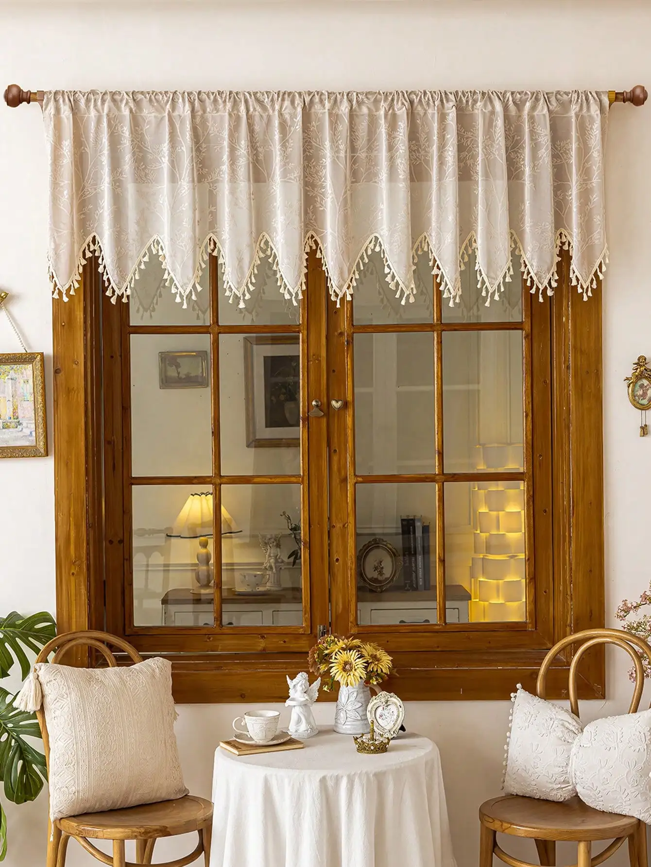 1 Stück beige gewebter Vorhang mit Spitzenbesatz, kleiner Fenstervorhang, Halbvorhang, Küchenvorhang, Trennvorhang
