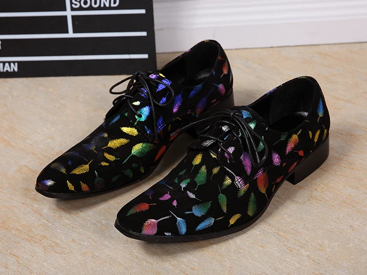 Pointed Toe Print Leather Fashion Casual Shoes Men Pointed Toe Lace Up Derby Shoes Stylist Singer Dancer Celebrity Shoes 37-46