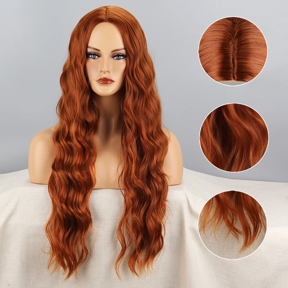 Long Orange Synthetic Wig Middle Part For Women Super Long Body Wavy Wigs Cosplay Water Wave Wig Heat Resistant