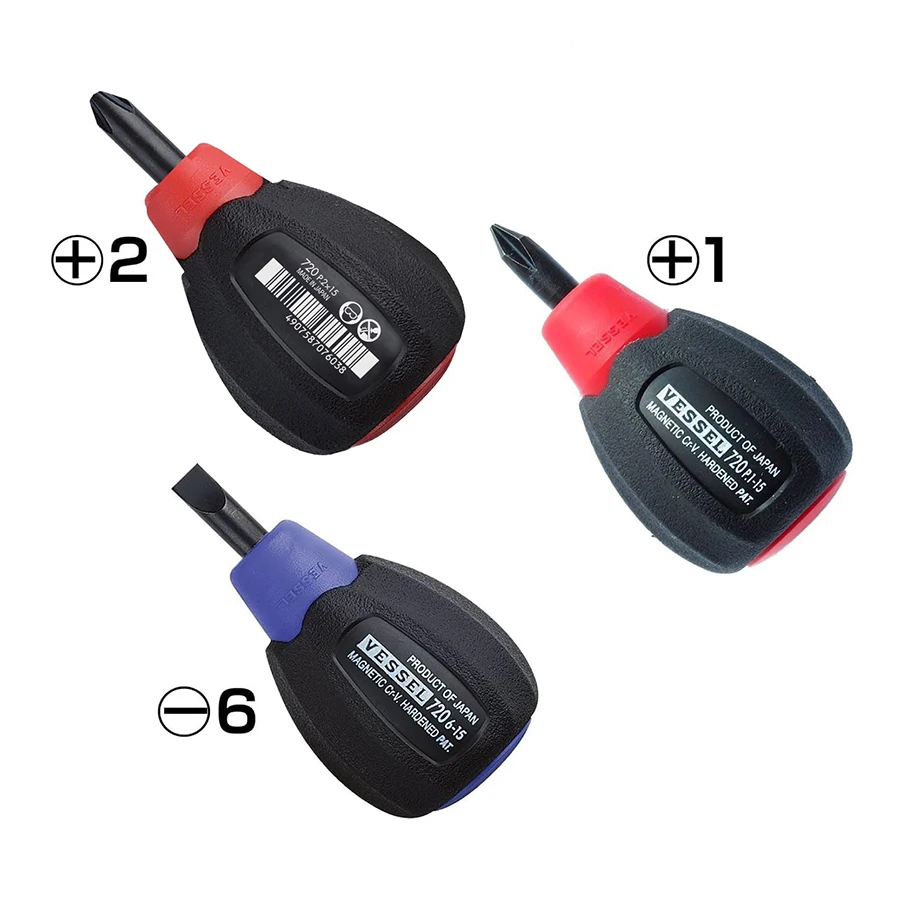 VESSEL Mini SUPER CUSHION Magnetic Screwdriver 1Pcs with Non-slip Handle for Phillips & Slotted Screws Hand Tool No.720 Series