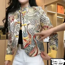 Chinese Traditional Tang Suit crane Print Button Up Top Jackets for Women Autumn Outwear Cheongsam Elegant Coats Lady 2026