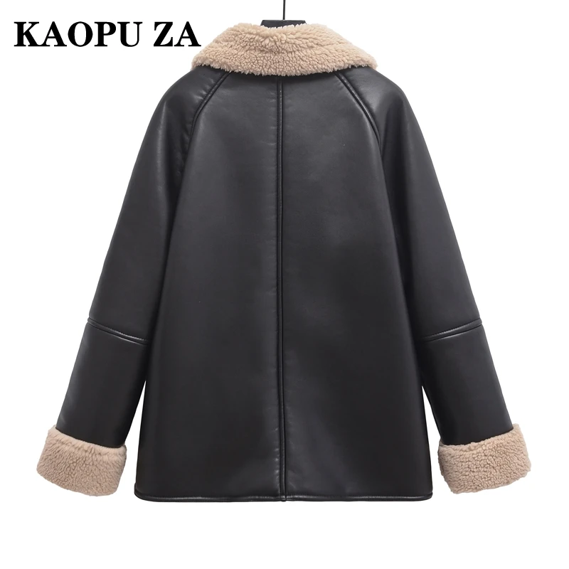 KAOPU ZA Autumn Woman Casual Turn-down Collar Faux Leather Coat Outerwear Commuting Winter Lady Long Sleeve Keep warm Jacket